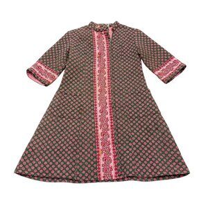 Vintage 1960s Loungees Green Pink Floral House Dress Cottagecore Mod